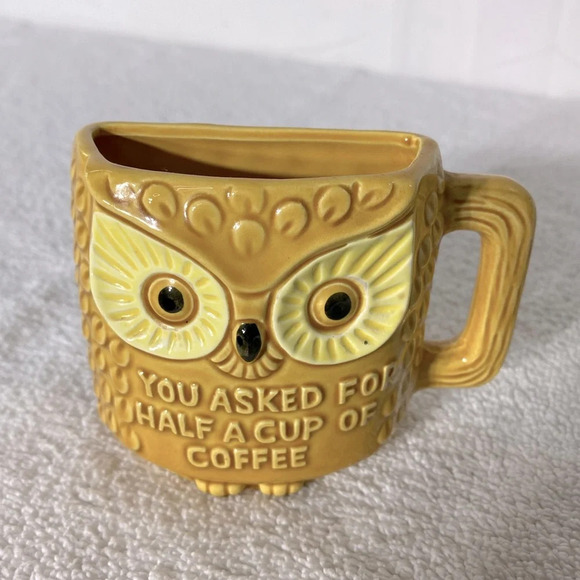 Vintage You Asked For Half A Cup Of Coffee Yellow Ochre Ceramic Owl Half Mug - Picture 2 of 13